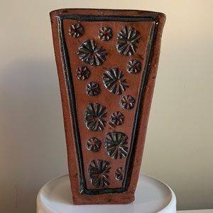 NEW Handmade Pottery Vase in Terra Cotta with Carved Black Inlay Design